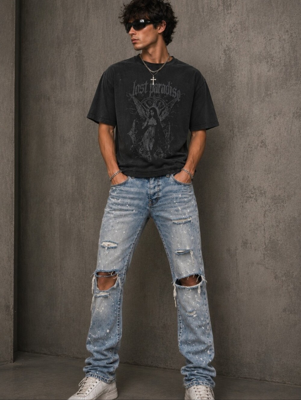 NWT Purple Brand P001 Men’s Size 28 Light Indigo Paint Splatter Distressed